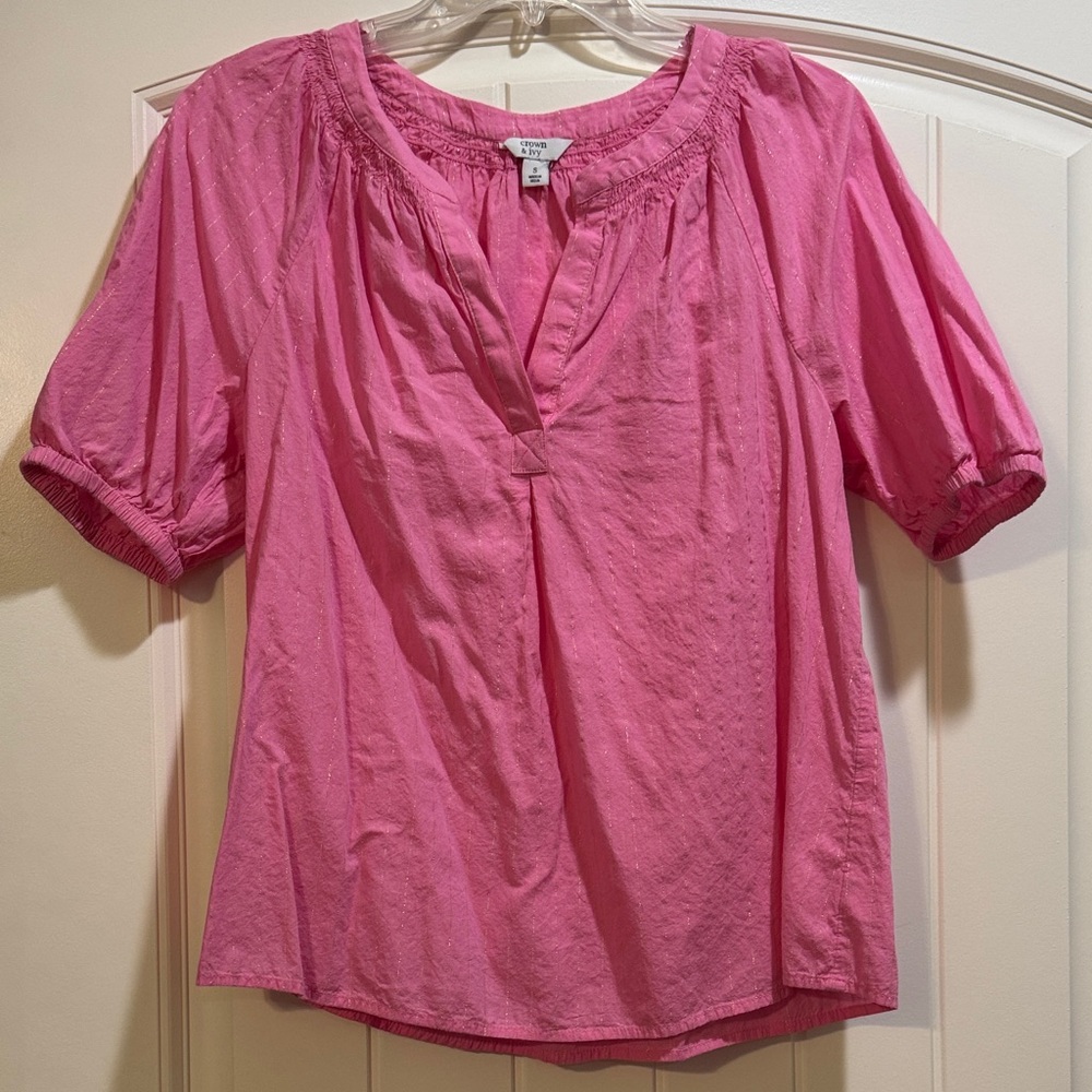 Crown and ivy Bright Pink Peasant Blouse with Split Neck